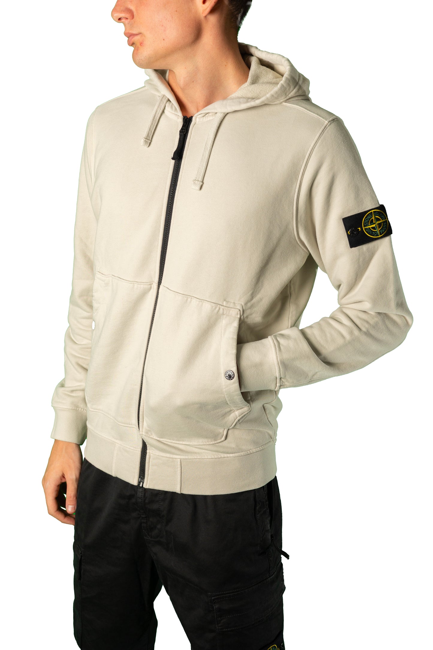 STONE ISLAND FELPA CAPPUCCIO E ZIP LOGO BADGE