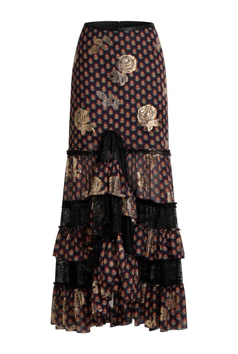 ETRO GONNA LUNGA IN SETA E PIZZO CON ROSE FIL COUPÉ E MOTIVO CRAVATTERIA