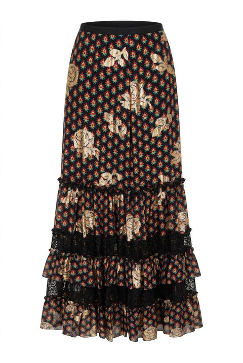 ETRO GONNA LUNGA IN SETA E PIZZO CON ROSE FIL COUPÉ E MOTIVO CRAVATTERIA