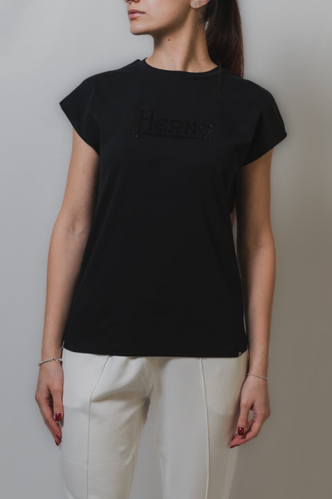 HERNO T-SHIRT SMANICATA REALIZZATA IN JERSEY CON LOGO STRASS