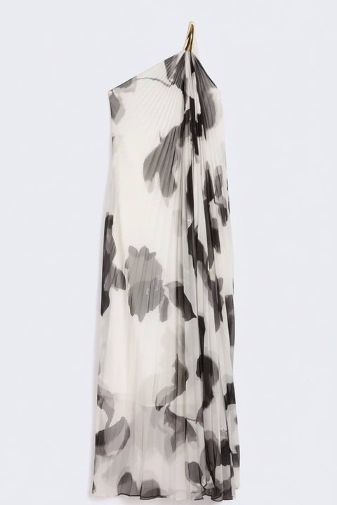 MAX MARA FUGITO ABITO PLISSE  LUNGO MONOSPALLA SETA FANTASIA