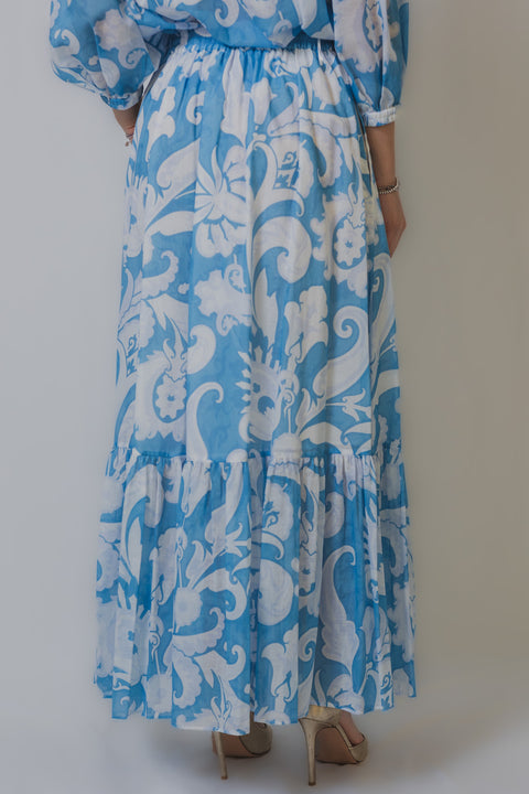 ETRO GONNA LUNGA CON BALZE REALIZZATA NEL TESSUTO VOILE DI COTONE STAMPA MACRO PESLEY