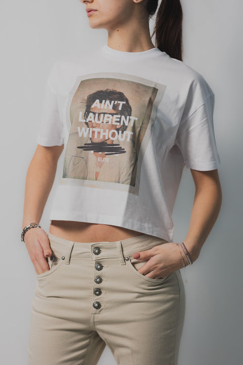 ELITE  PARIS T-SHIRT CROPPED REALIZZATA NEL TESSUTO JERSEY STAMPA SAINT LAURENT