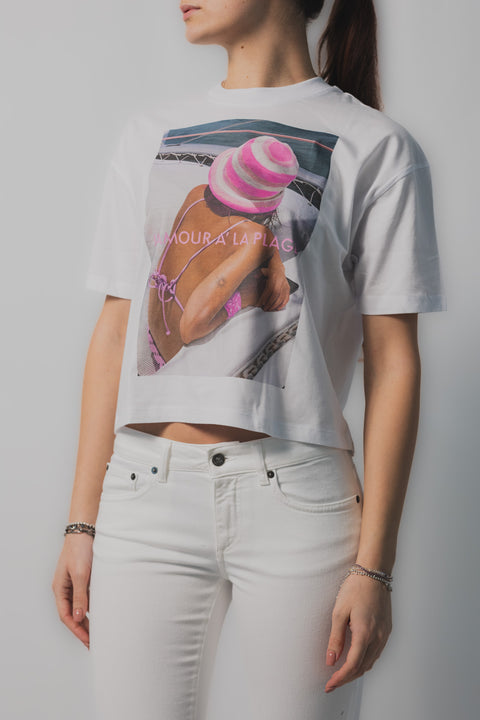 ELITE  PARIS T-SHIRT CROPPED REALIZZATA NEL TESSUTO JERSEY STAMPA VACANZA