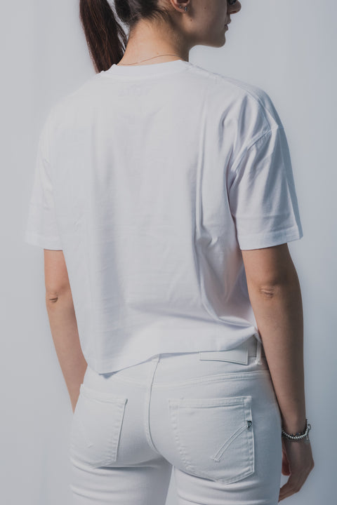 ELITE  PARIS T-SHIRT CROPPED REALIZZATA NEL TESSUTO JERSEY STAMPA VACANZA
