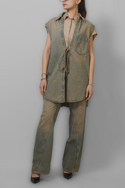 DONDUP GILET LUNGO CHIUSURA CON LACCIO TESSUTO DENIM SABBIATO