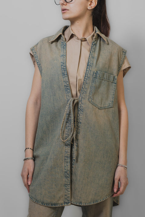 DONDUP GILET LUNGO CHIUSURA CON LACCIO TESSUTO DENIM SABBIATO
