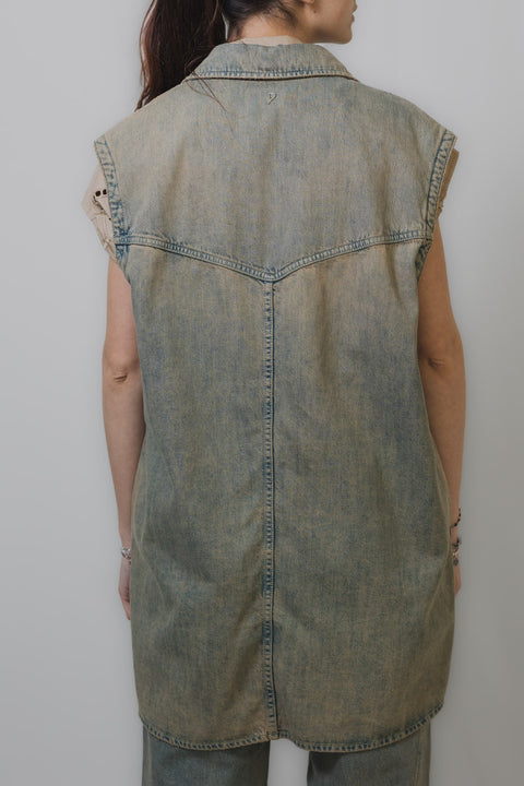 DONDUP GILET LUNGO CHIUSURA CON LACCIO TESSUTO DENIM SABBIATO