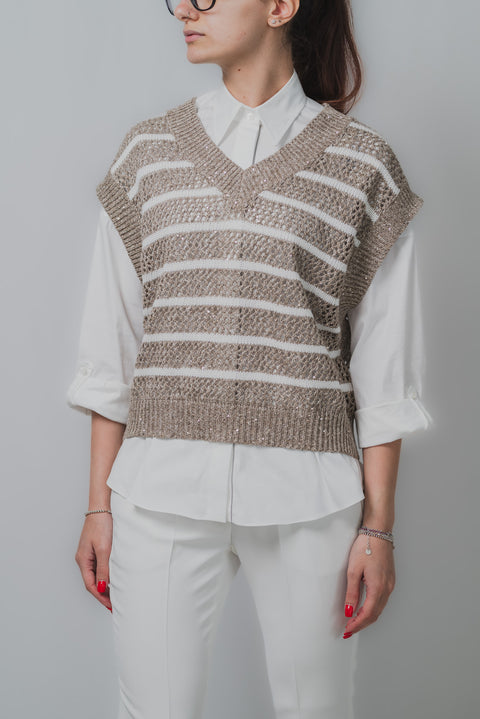 BRUNELLO CUCINELLI MAGLIA SMANICATA V NEK CON RIGHE REALIZZATO NEL TESSUTO LINO DIAMANTE