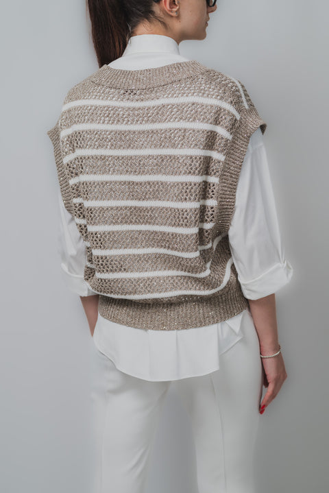 BRUNELLO CUCINELLI MAGLIA SMANICATA V NEK CON RIGHE REALIZZATO NEL TESSUTO LINO DIAMANTE
