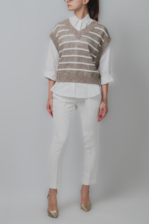 BRUNELLO CUCINELLI MAGLIA SMANICATA V NEK CON RIGHE REALIZZATO NEL TESSUTO LINO DIAMANTE