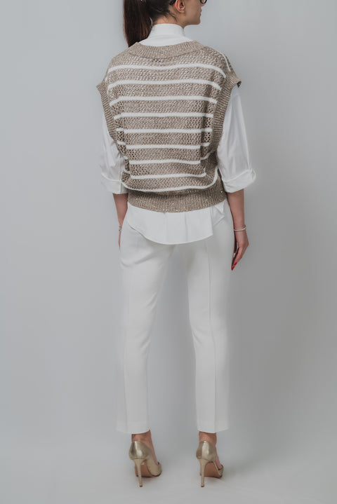 BRUNELLO CUCINELLI MAGLIA SMANICATA V NEK CON RIGHE REALIZZATO NEL TESSUTO LINO DIAMANTE