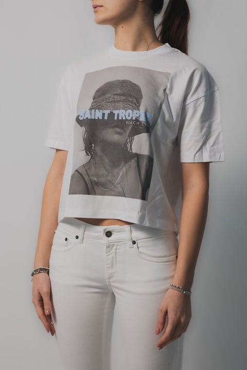 ELITE  PARIS T-SHIRT CROPPED REALIZZATA NEL TESSUTO JERSEY STAMPA SAINT TROPEZ