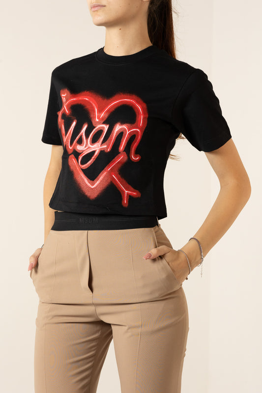 MSGM T-SHIRT CROPPED JERSEY STAMPA CUORE